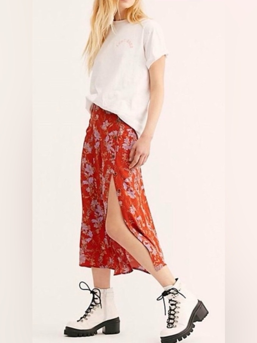 Free People Red Floral Midi Skirt with Side Slit